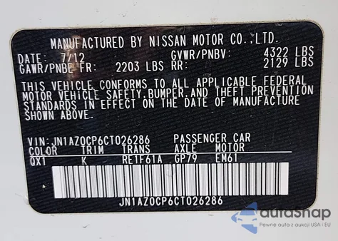 2012 Nissan Leaf Sl z USA, uszkodzony, nr VIN JN1AZ0CP6CT026286